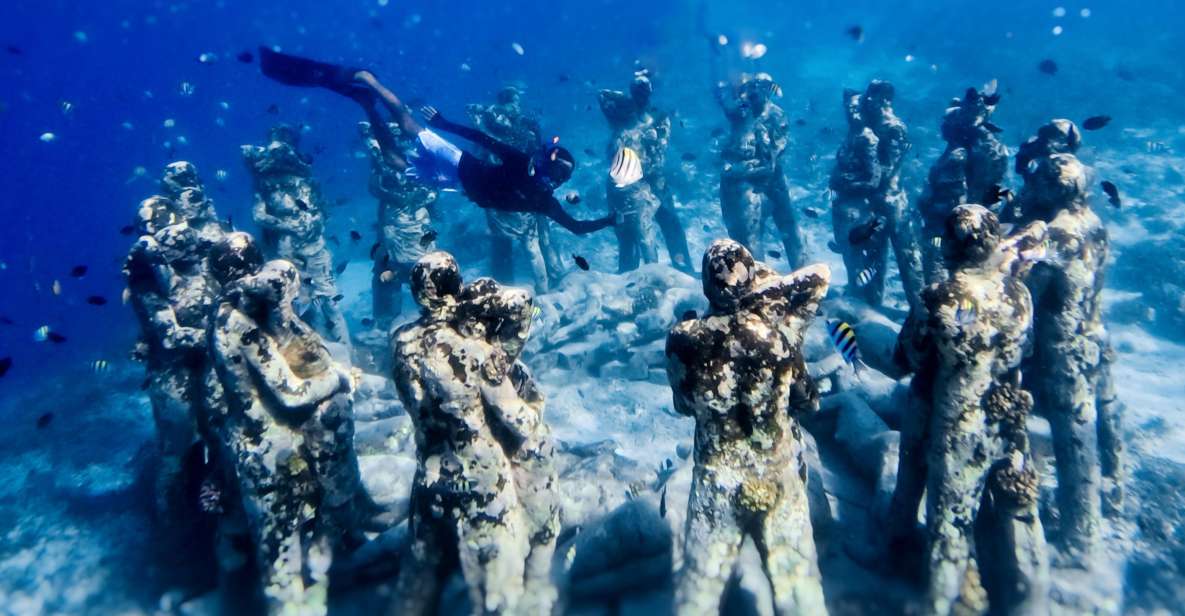 Snorkeling With Turtle and Underwater Statue in Gilis