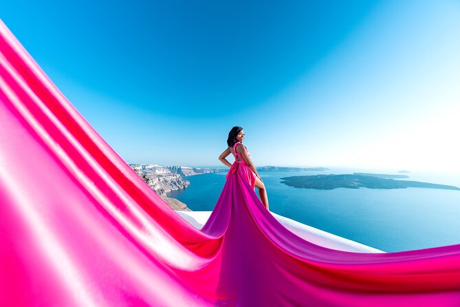 Flying Dress Photoshoot in Santorini by Flying Dress © - Meeting and Pickup Logistics