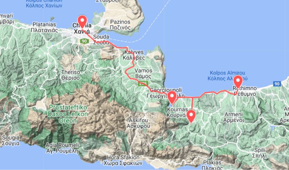 From Heraklion: Chania - Rethymno - Argiroupolis - Kournas - Kournas Lake: A Relaxing Retreat