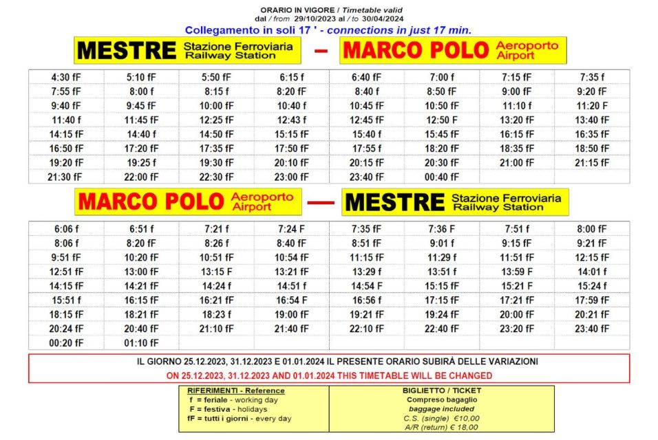 Marco Polo Airport To/From Mestre Train Station: Express Bus - Key Points