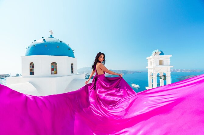 Flying Dress Photoshoot in Santorini With Hotel Pickup - Professional Styling Services