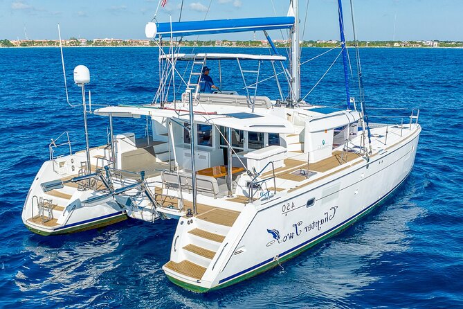 8-Hour Private 2 Stop 45 Cat to Cozumel, Food, Drinks & Snorkel