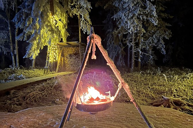 Glass Igloo Campfire Dinner Under Northern Lights - Snowscooters on Frozen Lake