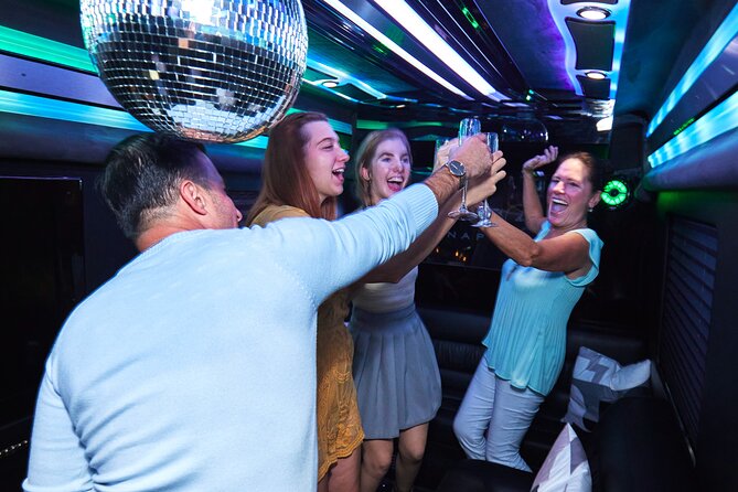 Party Bus Excursion Disco Ball, Limo Seating, Bar, & LED Lights - Pricing and Policies