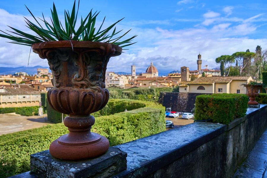 Florence skyline view from Boboli Gardens with terracotta planter