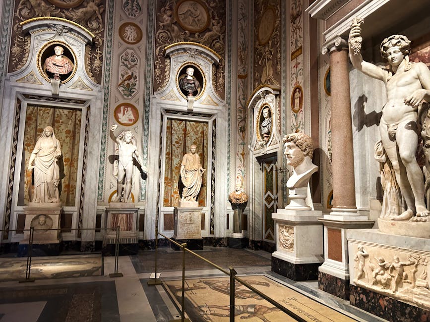 Ancient Roman sculptures and ornate interior of Borghese Gallery