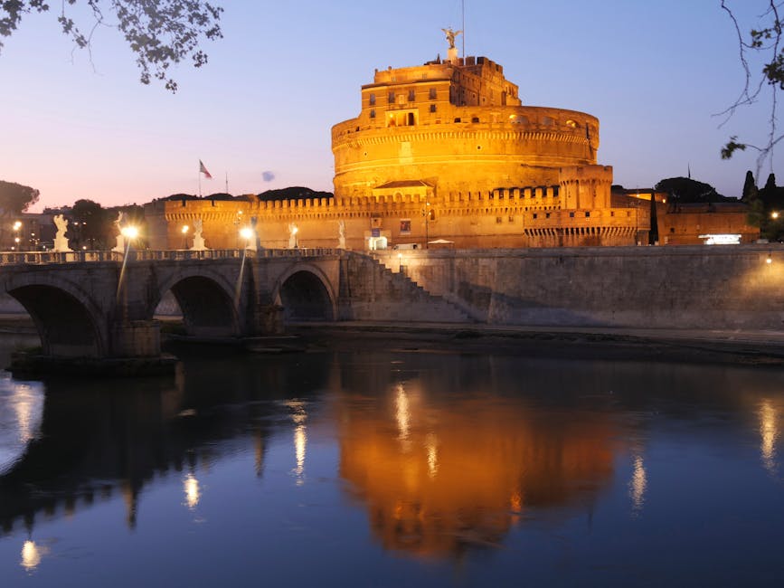 Illuminated Castel Sant Angelo reflecting on the Tiber at night