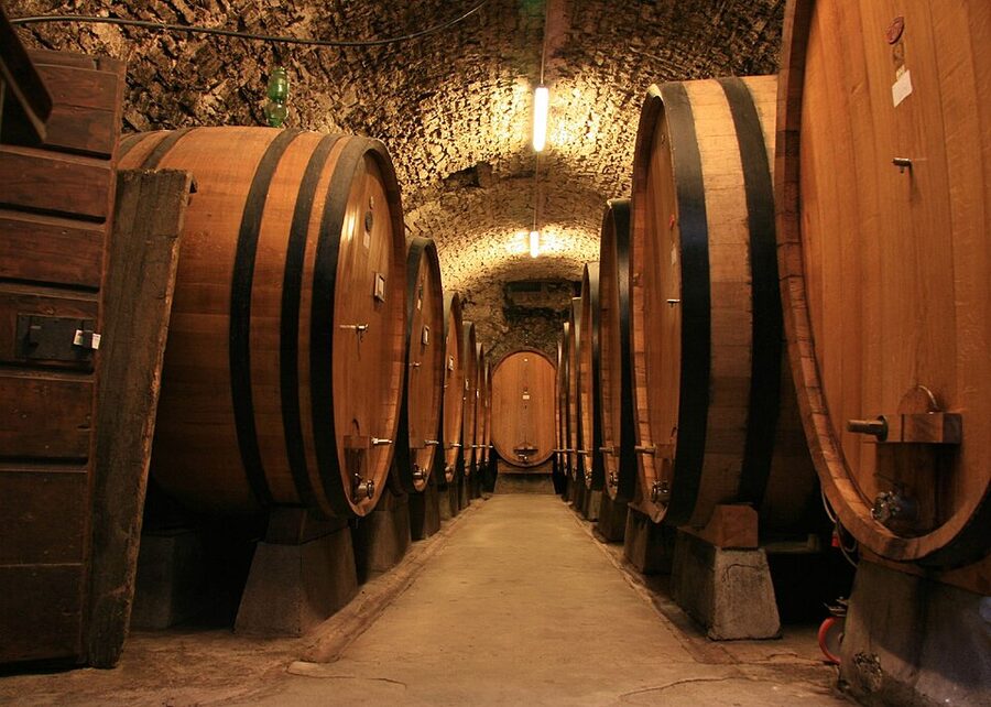 Large botti size oak barrels at a Chianti winery