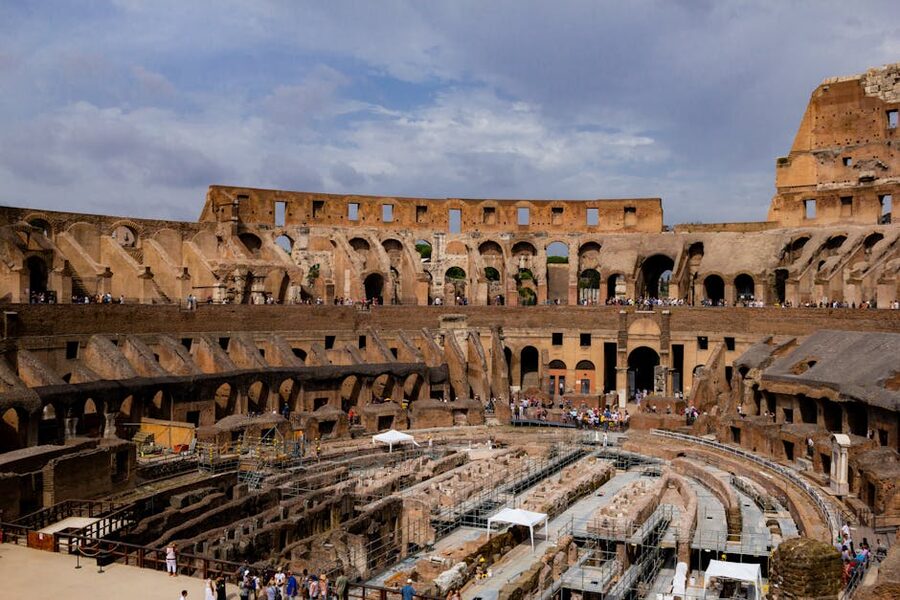 The exposed underground passages beneath the Colosseum arena floor