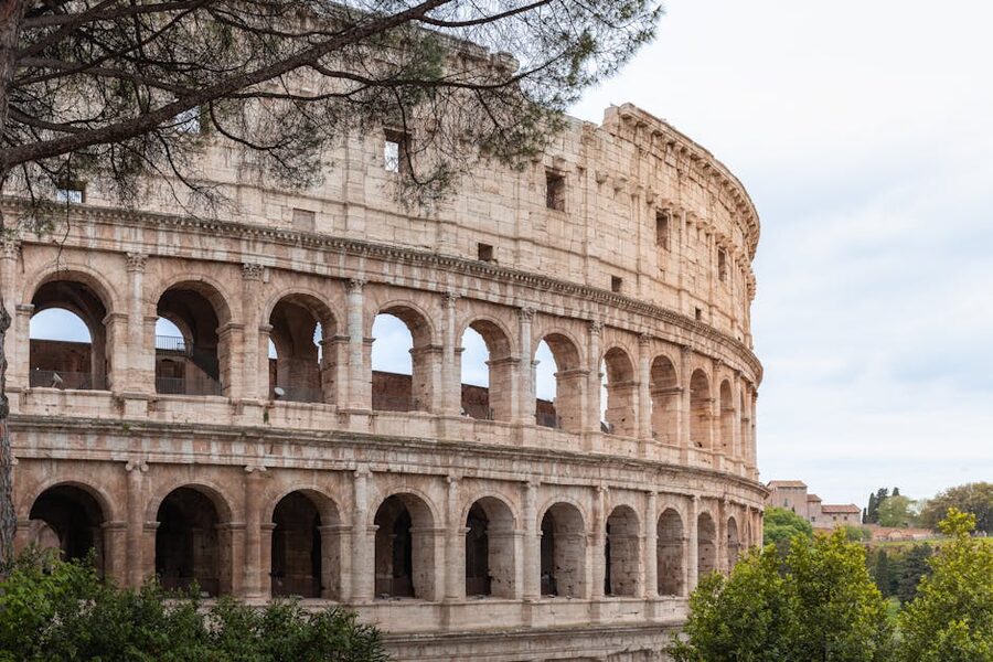 Wide angle view of the Colosseum on a clear day in Rome