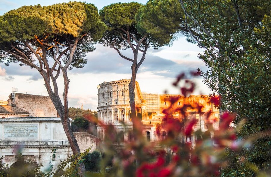 The Colosseum framed by trees and flowers in a Rome garden
