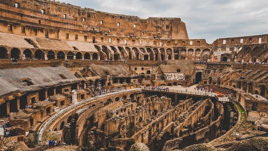 Inside the Colosseum showing multiple levels of arched corridors