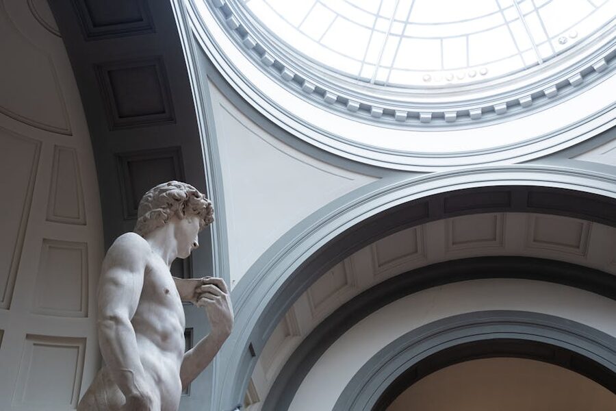 Side view of Michelangelo's David at the Accademia Gallery
