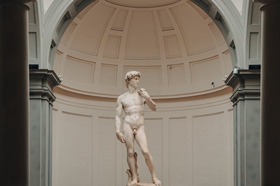 Michelangelo's David seen from the side in the Accademia Gallery