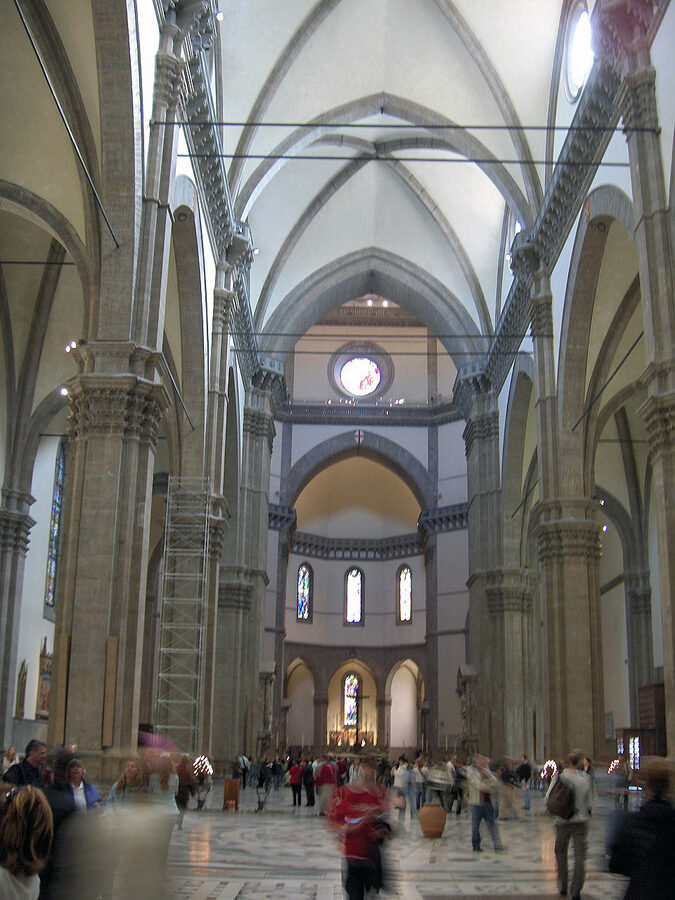 Inside Florence Cathedral nave looking towards the dome