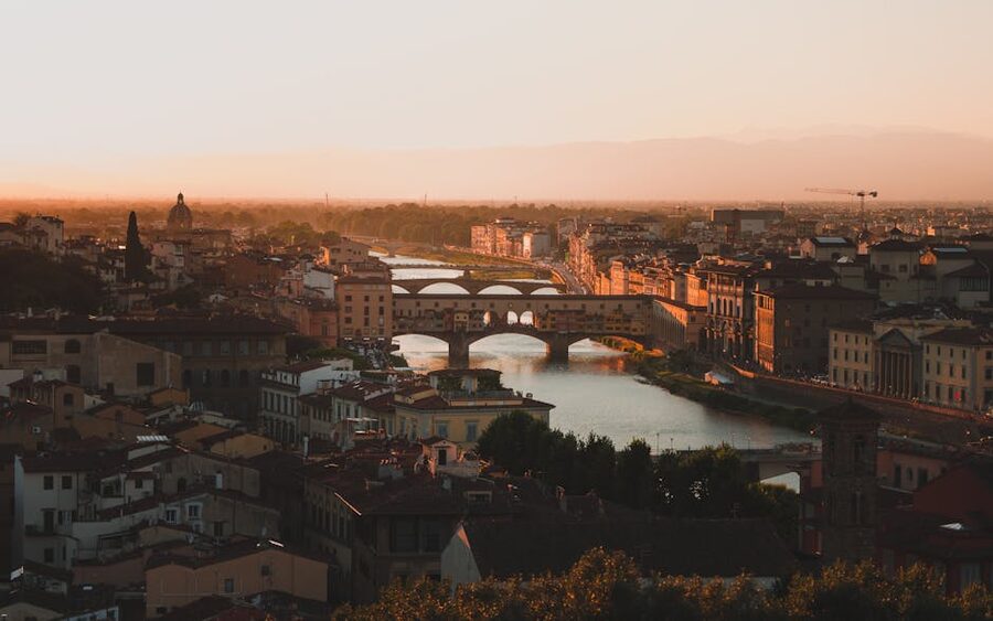 Aerial view of Florence with Ponte Vecchio at sunset