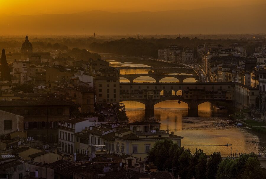 Florence sunset with the Arno River and bridges