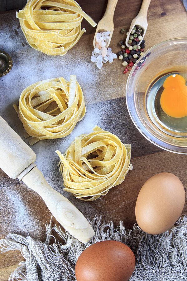 Fresh egg pasta in a cooking cuisine setting