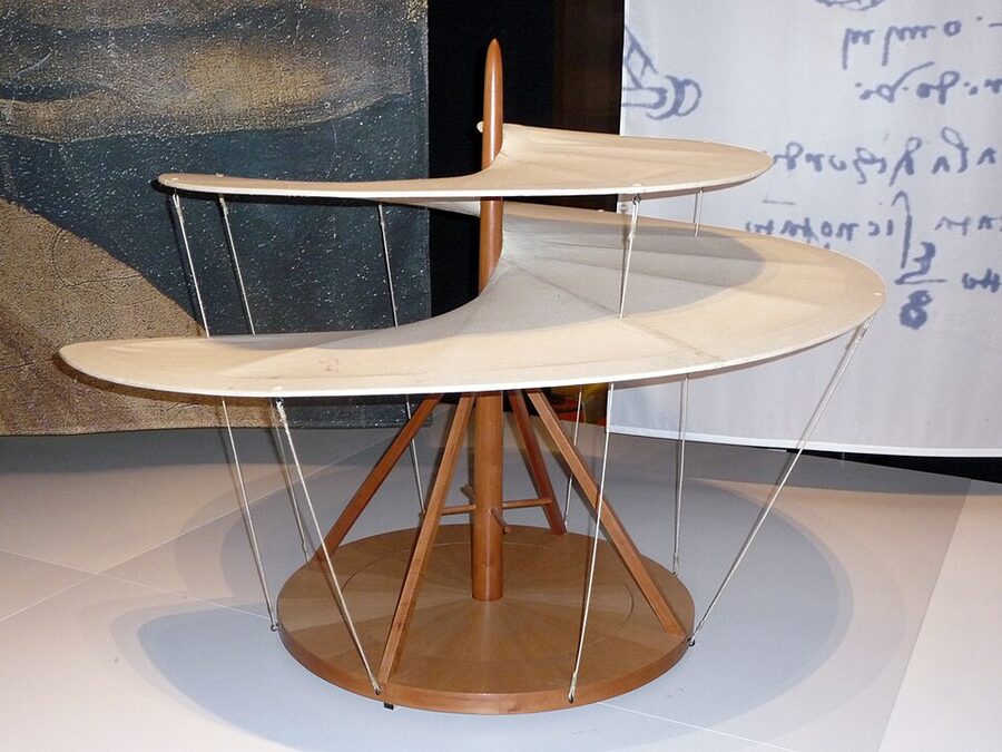 Wooden model of Leonardo's aerial screw mechanism