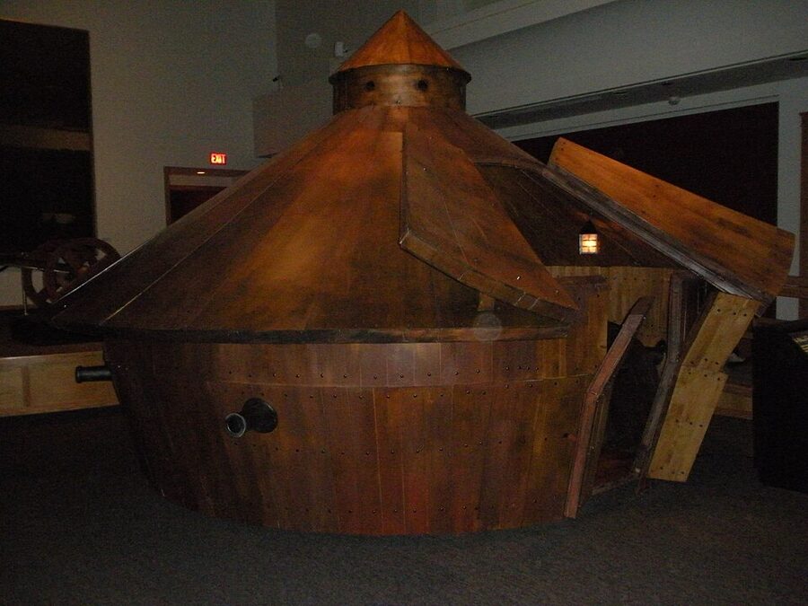 A wooden model of Leonardo da Vinci's armoured tank