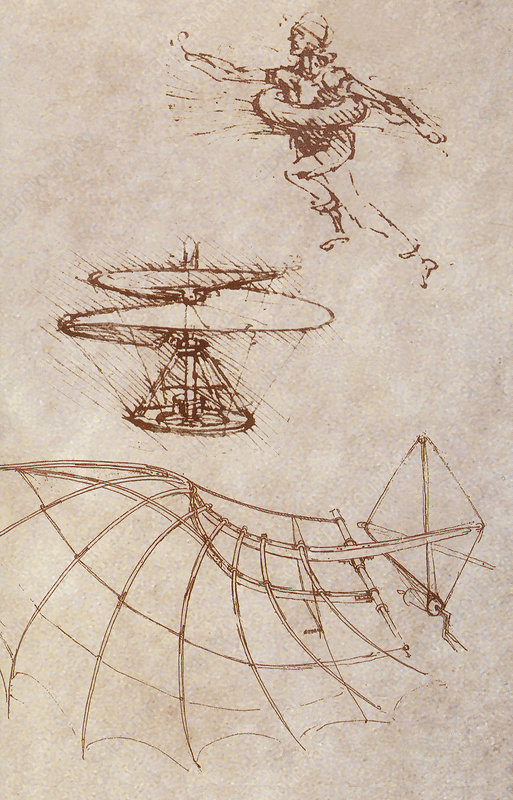Leonardo da Vinci sketch combining lifebuoy and flying machine designs