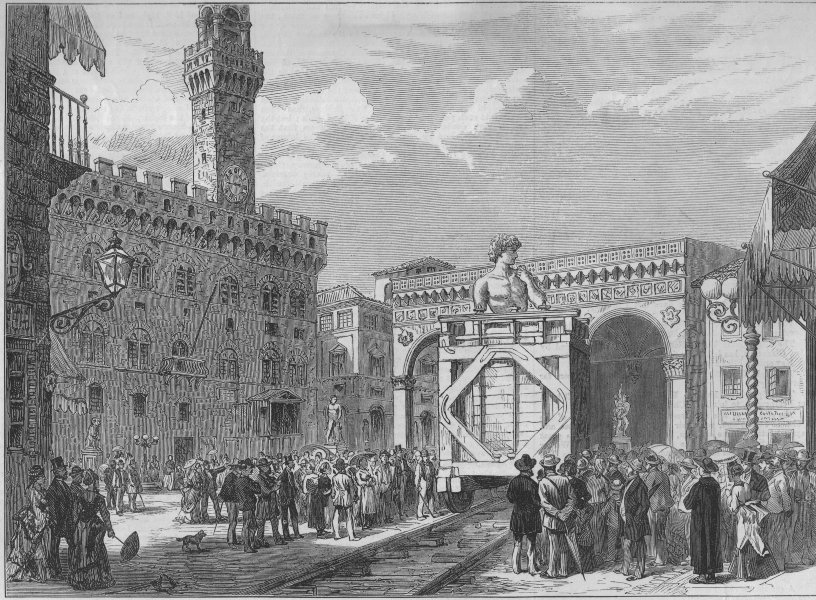 Historic 1873 photograph of David being moved from Piazza della Signoria