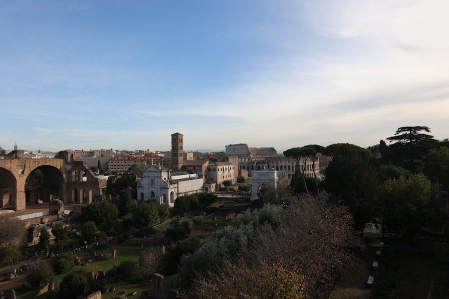 Aerial view from Palatine Hill showing the Roman Forum and Colosseum