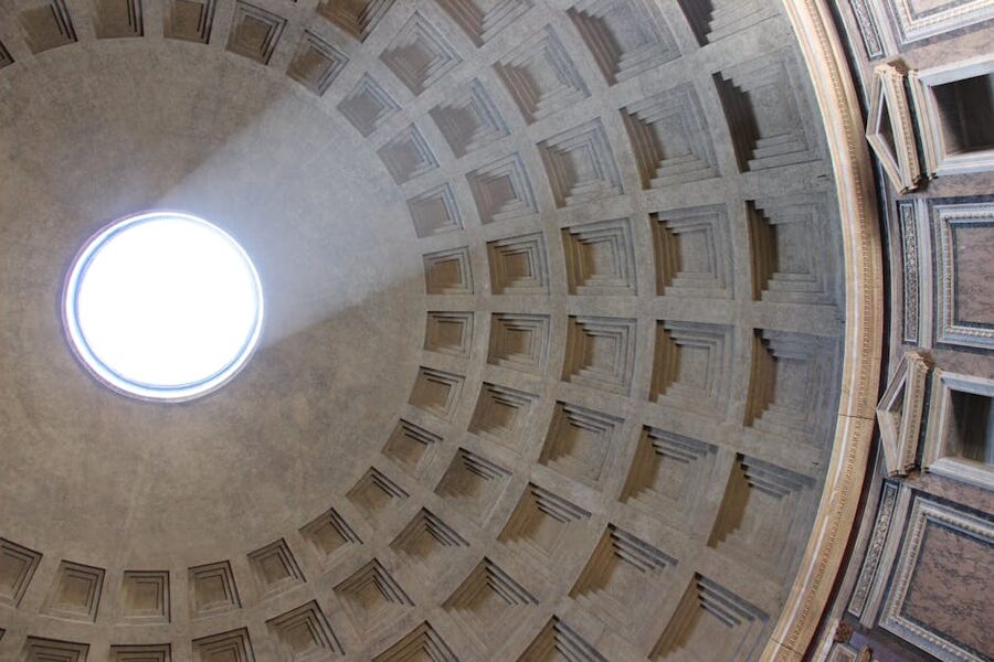 Low angle view of the Pantheon dome showing the geometric coffers