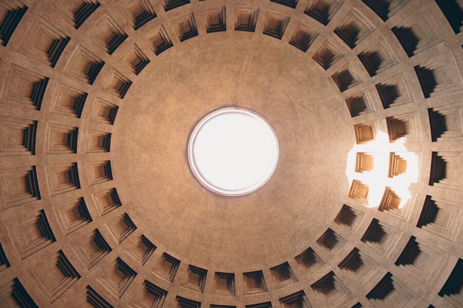 Ornate coffered dome of the Pantheon viewed from the floor