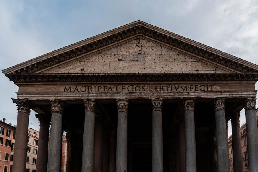 Close-up of the Pantheon facade with its massive granite columns