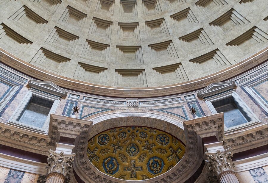 Interior of the Pantheon showing marble columns niches and floor patterns