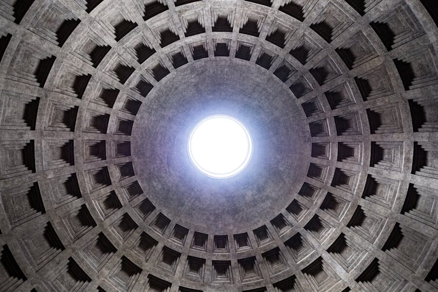 The oculus opening in the Pantheon dome letting in natural light