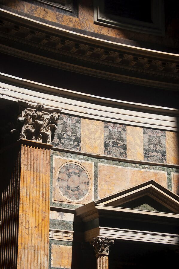 Beam of sunlight streaming through the oculus of the Pantheon dome in Rome