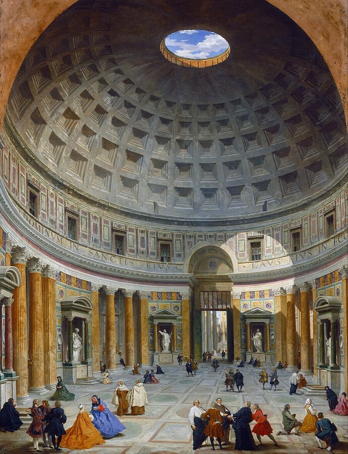 Giovanni Paolo Panini painting of the Pantheon interior showing the oculus and crowds circa 1734