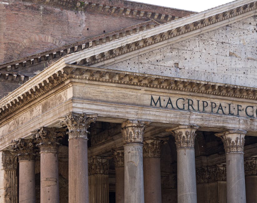 Detailed view of the Pantheon portico and pediment in Rome