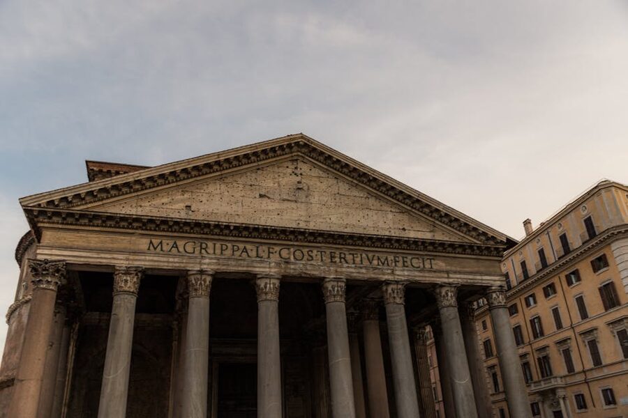 The Pantheon in Rome surrounded by classical architecture