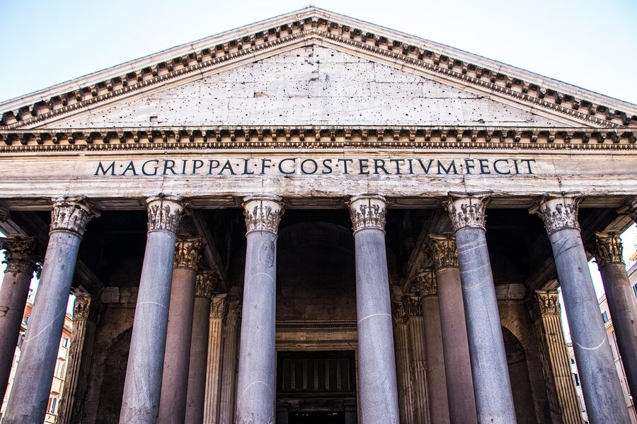 Street-level view of the Pantheon entrance with visitors