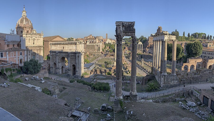 Panoramic view of the Roman Forum looking east toward ancient monuments and ruins