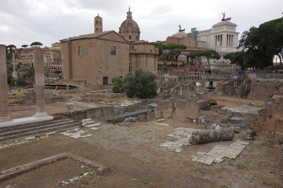 Detailed view of ancient temple columns at the Roman Forum