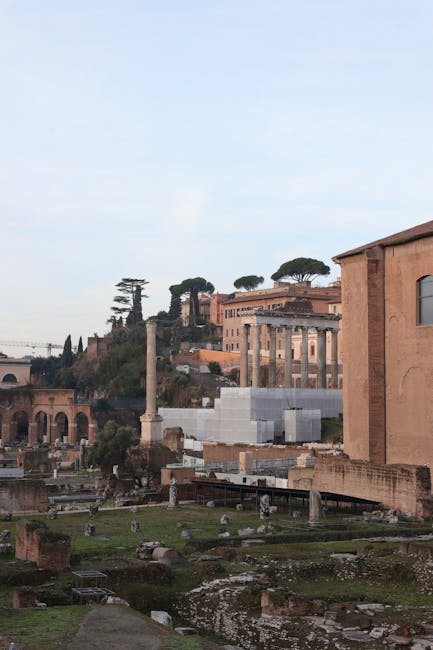 Wide view of the Roman Forum ruins with historic structures and columns