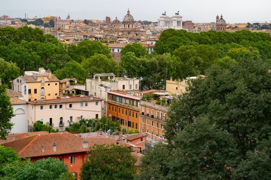 Aerial view of Rome historic skyline with domes and monuments