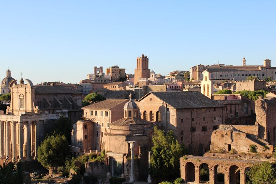 Aerial view of ancient Roman architecture and monuments