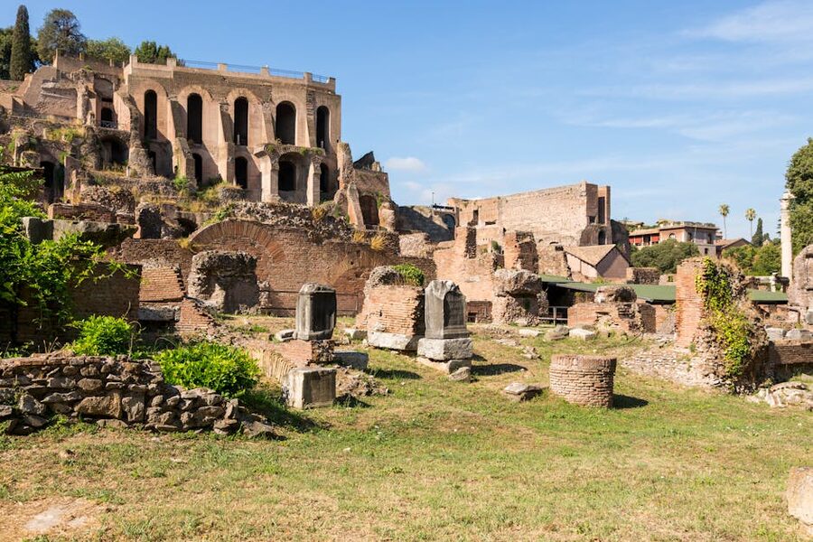 Ancient Roman ruins integrated into the modern Rome cityscape