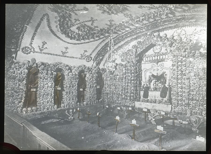 The Capuchin Crypt in Rome with walls decorated with monks bones
