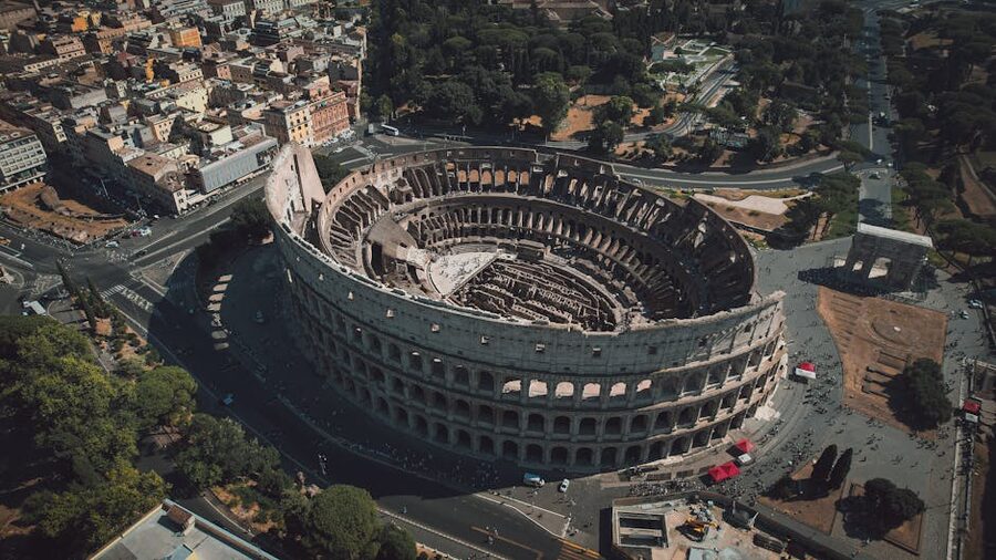 Close aerial view of the Colosseum in Rome showing its architecture