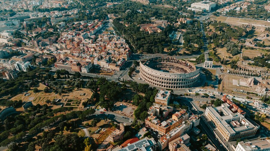 Aerial view of the Colosseum surrounded by central Rome