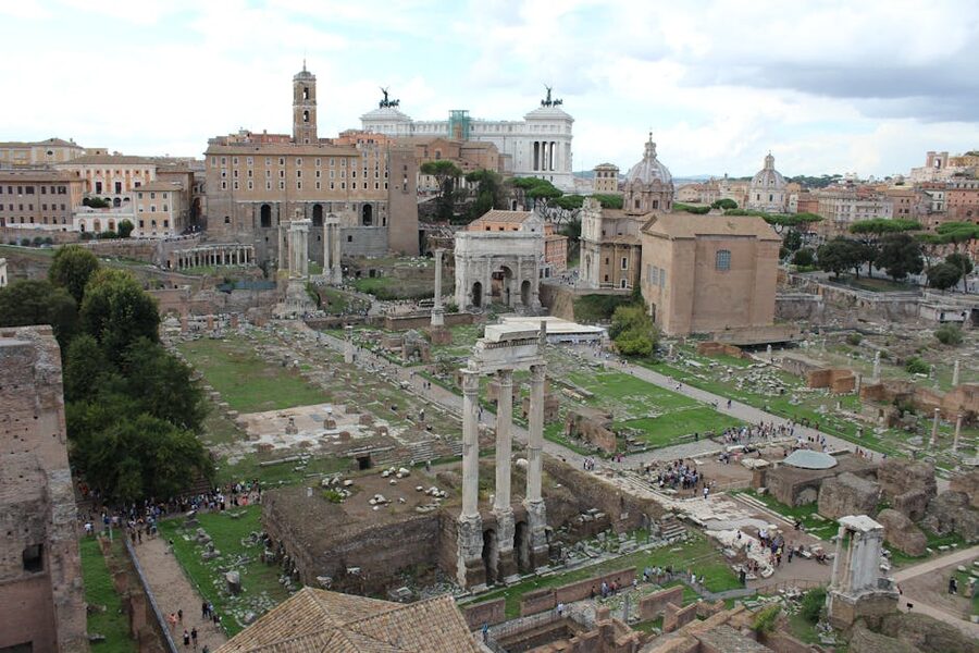 Aerial perspective of the Roman Forum ruins