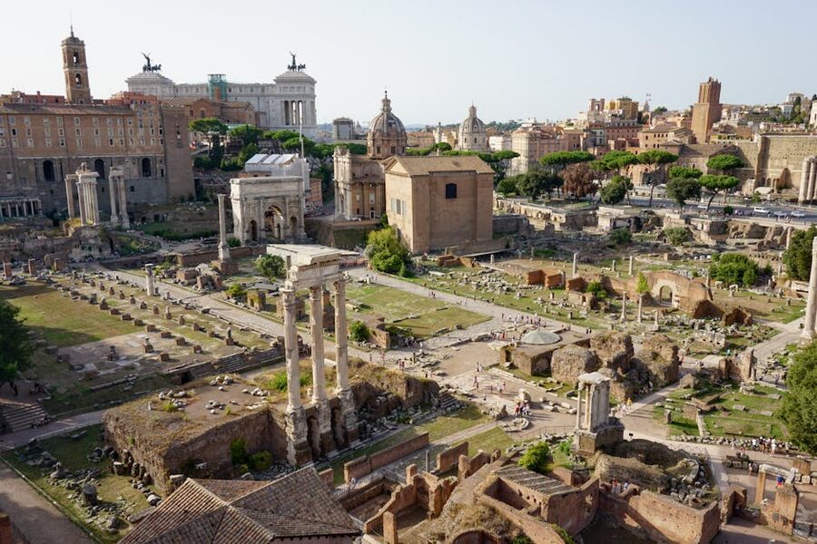 Aerial view of the Roman Forum on a sunny day