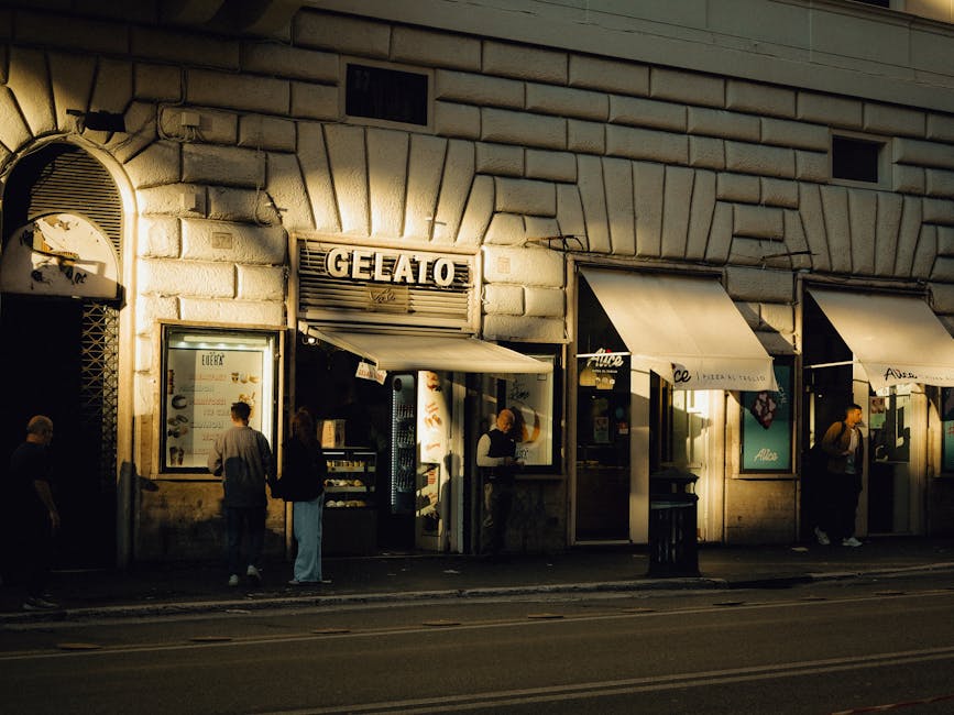 Gelato shop on a Rome street during the evening