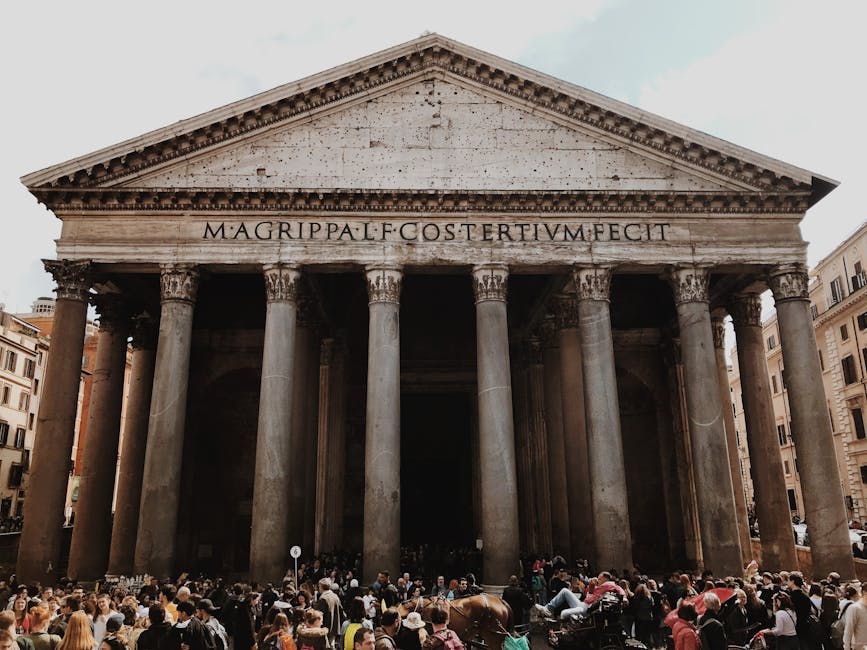 Crowd in the piazza outside the Pantheon in Rome